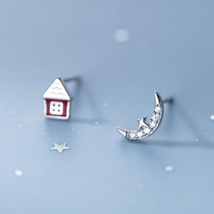 Sterling Silver Moon House Earrings Cute Red Home Rhinestone Moon Stud Earrings